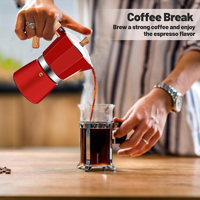 3 Cup Aluminum Moka Pot Classic Stovetop Espresso Coffee Maker 150ml 5oz Coffeemaker Percolator Mocha Pot Greca Coffee Maker Cafe Makers for Italian and Cuban Café Brewing Red - Image 9