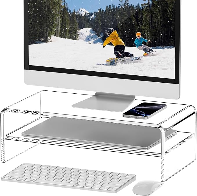 Egchi Clear Acrylic Monitor Stand Riser 2 Tier, 5.12 Inches High Clear Computer Desk Organizer Shelf for Multi Media PC Storage Laptop - Image 8