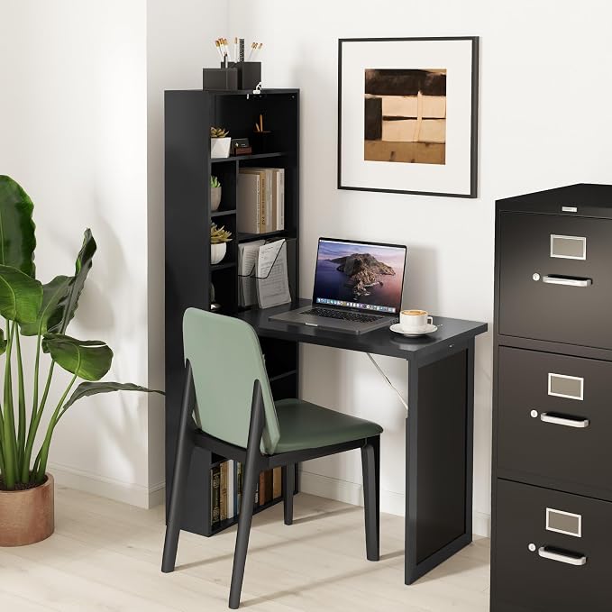 HOMCOM Foldable Convertible Writing Table, Wall Mounted Space-Saving Computer Desk with Chalkboard and Storage Shelves for Small Spaces, Home Office, Bedroom, Dorm, Apartment, Black - Image 9