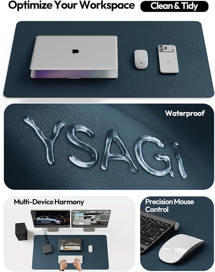 YSAGi Leather Desk Pad Protector, Office Desk Mat, Large Mouse Pad, Non-Slip PU Leather Desk Blotter, Laptop Desk Pad, Waterproof Desk Writing Pad for Office and Home (Dark Blue, 47" x 17") - Image 8