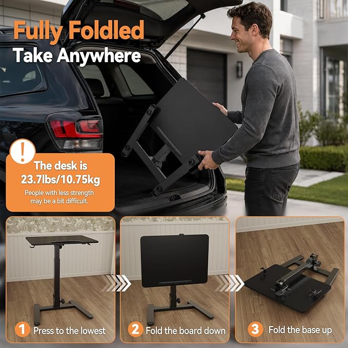 Monomi 25“ Mobile Folding Desk,Pneumatic Sit-Stand Table,No Assembly,Black | Height Adjustable Rolling Laptop Desk,Space-Saving Portable Small Desk with Wheels,Ideal for Home Office,Craft & Study - Image 8