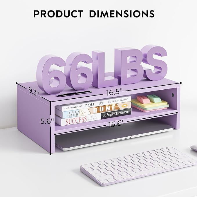 BONTEC Wooden Monitor Stand Riser, 2-Tier Desk Shelf with Storage Organizer, Ergonomic Computer Stand with Cable Management, Cellphone Holder, Purple, 16.5 Inch - Image 6