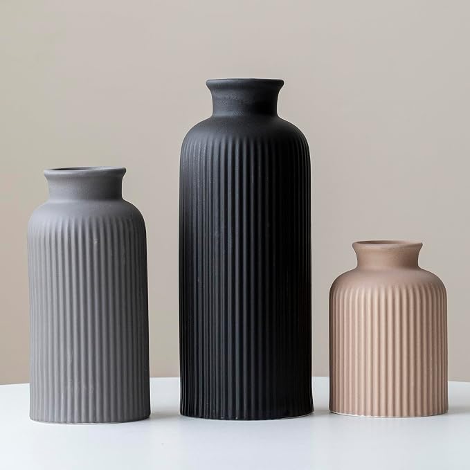 Large Modern Ceramic Vase Set, Black Ribbed Matte Finish, 3-Piece Decorative Vases for Home Living Room Office, 10 inch Tall, 4 inch Width (XL Black Mix) - Image 9
