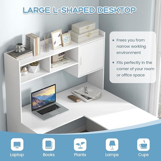 Tangkula L-Shaped Desk with Storage Hutch, Corner Computer Desk with Shelves & Cabinet, Modern Writing Study Table for Home Office, Laptop PC Workstation, White - Image 8