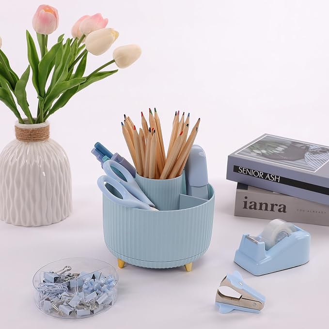SKYDUE Desk Organizers and Accessories 10Pcs, 360-Degree Rotating Pen Holder, Stapler, Staple Remover, Tape Dispenser,2pcs Tape Refills, Binder Paper Clips Kit, Scissor (Blue) - Image 8