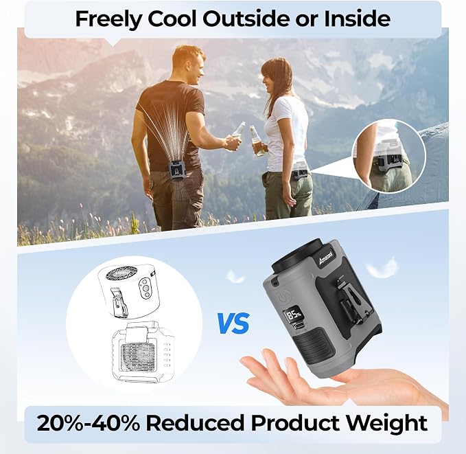 AMACOOL Portable Waist Fan Clip On, MAX 40H Work Time, 10000mAh Rechargeable Wearable Shirt Fan with Light, 16000RPM Powerful 5 Speed Belt Fans Personal Cooling Fans for Outdoor Jobsite Camping Travel - Image 7