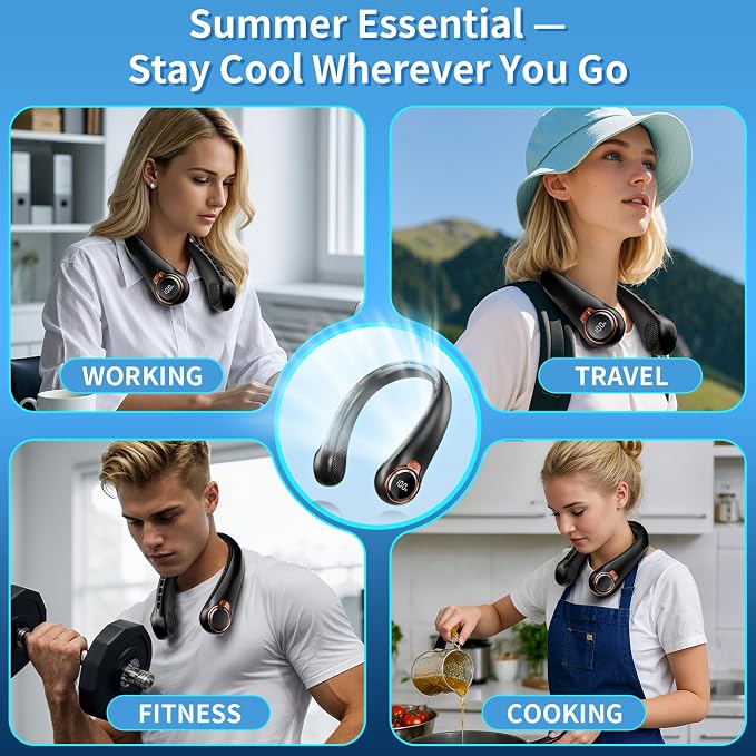 BNBZ Portable Neck Fan, 6000mAh Rechargeable Fan Blows Cold Air with LED Display, 4 Speeds, 20H Runtime, Quiet Wearable 360° Personal Cooling Fan for Outdoor Travel Work Gym,Fireplace Fans - Image 7