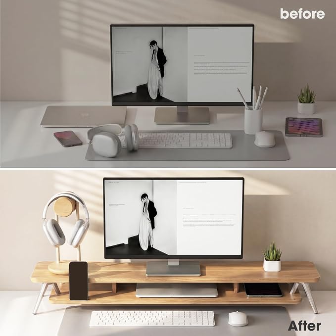 Fenge Dual Monitor Stand, Monitor Stands Riser for 2 monitors, 42.5 Inch Wood Desk Shelf with Storage Organizer and Cable Management for Office Desk Accessories - Image 8