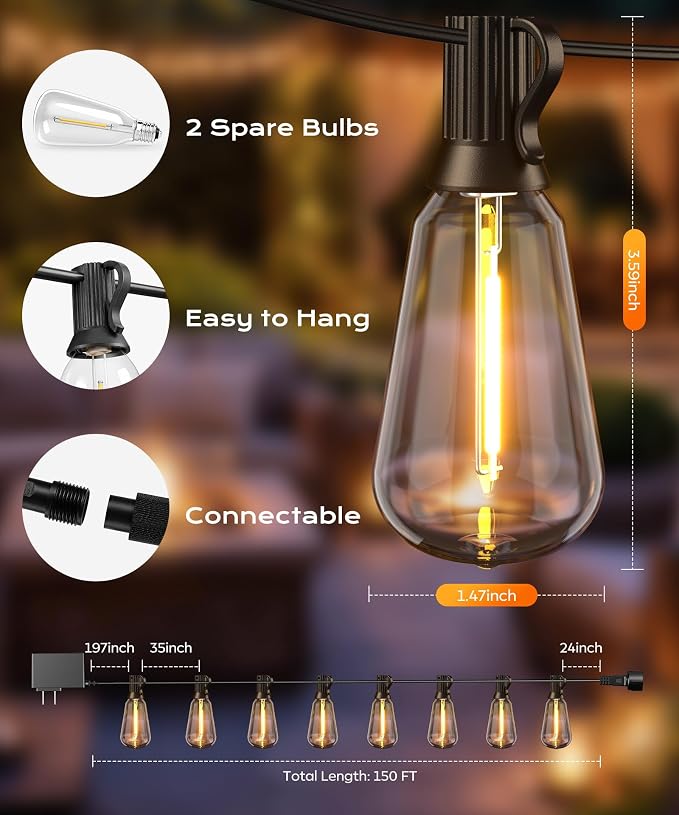 Outdoor String Lights, 150 FT Patio Lights for Outside, Smart App & Remote Control with Timer, Dimmable with 4 Scene Modes, Warm White Waterproof LED Bulbs for Garden, Yard and Backyard Decor - Image 7