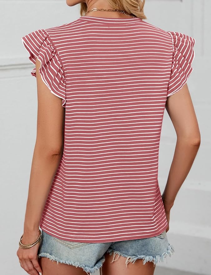 JUSTFASHIONNOW Womens Summer Tops Striped T-Shirts 2026 Ruffle Short Sleeve Crew Neck Casual Blouses with Pocket - Image 6