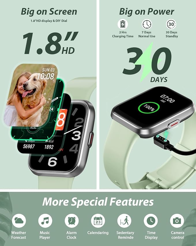 Tensky Smart Watch for Men Women(Call Receive/Dial), Alexa Built-in, 1.8" Touch Screen Fitness Tracker with Heart Rate Sleep Tracking, 100 Sports Modes, 5ATM Waterproof Smartwatch for Android iPhone - Image 6