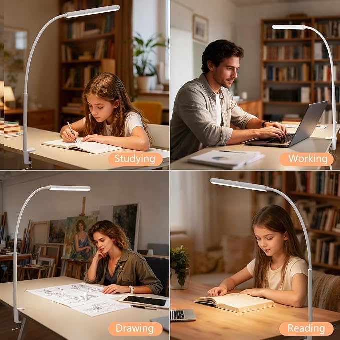 LED Desk Lamp for Office Home, Adjustable Flexible Eye-Caring Desk Light with,5 Modes 10 Brightness Adjustment, USB Adapter Desk Lamp with Clamp-LK-W - Image 7