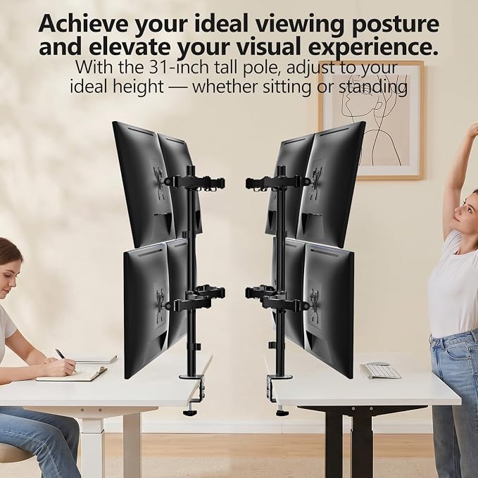 WALI Quad Monitor Desk Mount, 4 Monitor Stand Fits Heavy Duty Computer Screen up to 27 inch, Full Adjustable Arm Holds up to 22 lbs per Arm (M004), Black - Image 9