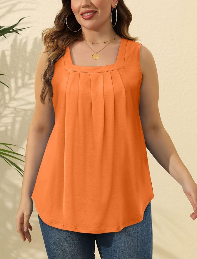 Saloogoe Summer Tank Tops for Women Loose Fit Pleated Square Neck Sleeveless Tops Curved Hem Flowy - Image 5