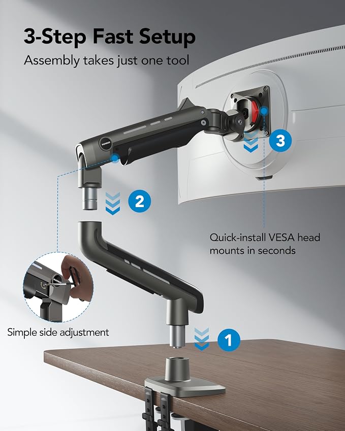 HUANUO TitanLift Heavy Duty Monitor Arm for Screens up to 49", Holds 44 lbs, Aluminum Ultrawide Screen Monitor Mount, Fully Adjustable Single Gaming Desk Mount with Dual C-Clamp, Max VESA 100x100mm - Image 7
