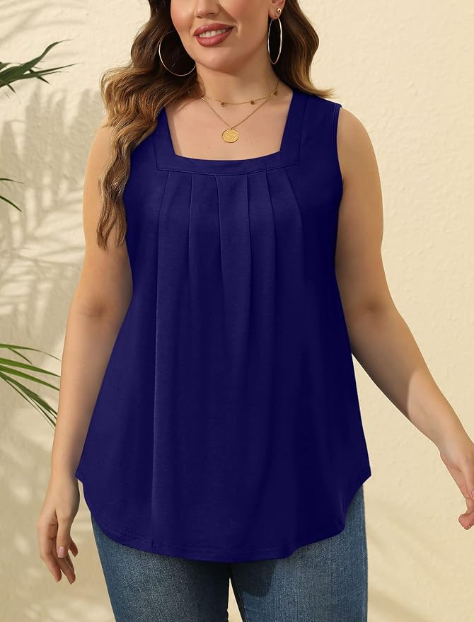 Saloogoe Summer Tank Tops for Women Loose Fit Pleated Square Neck Sleeveless Tops Curved Hem Flowy - Image 5