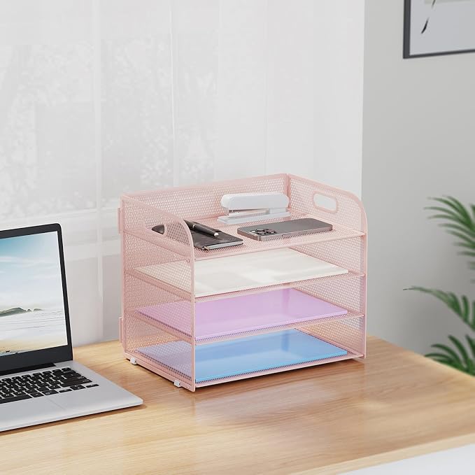 Marbrasse 4 Tier Paper Organizer Letter Tray - Mesh Desk File Organizer with Handle, Paper Sorter Organizer for Letter/A4 Office File Folder Holder (Pink, 12.6" x 9.1" x 10.7") - Image 7
