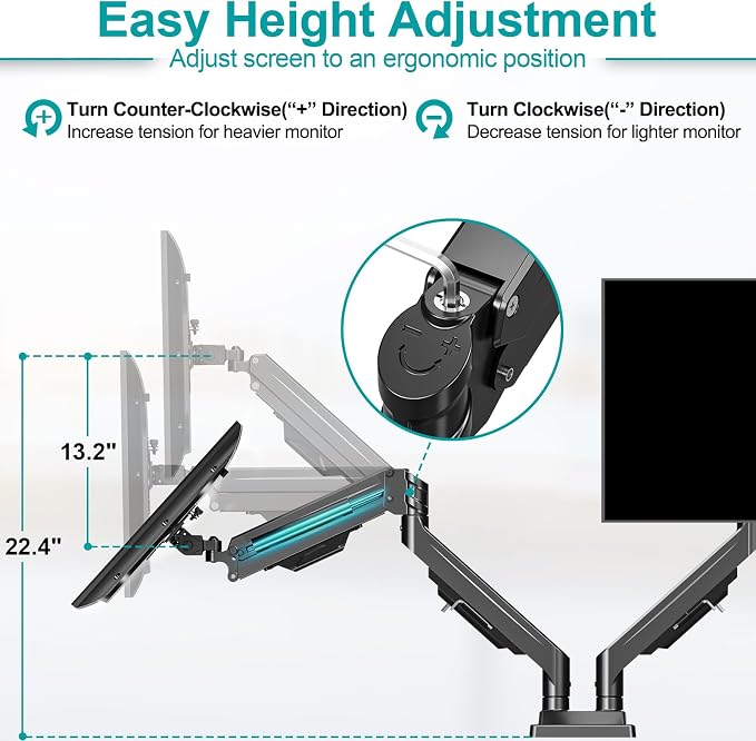 MOUNT PRO Dual Monitor Stand for Two Screens up to 43 Inch, Heavy Duty Ultrawide Double Monitor Arm Holds up to 33lbs Each, Premium Adjustable Computer Monitor Mount for 2 Monitors, VESA Desk Mount - Image 9