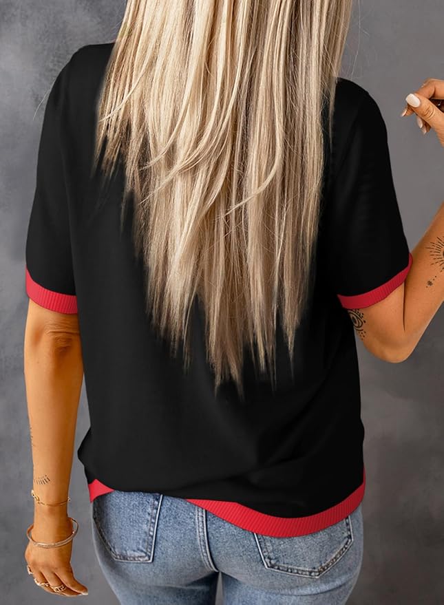 Dokotoo Womens Tops 2026 Casual Summer Crewneck Short Sleeve Striped Color Block Knit High Low Trendy Pullover Sweaters - Image 3
