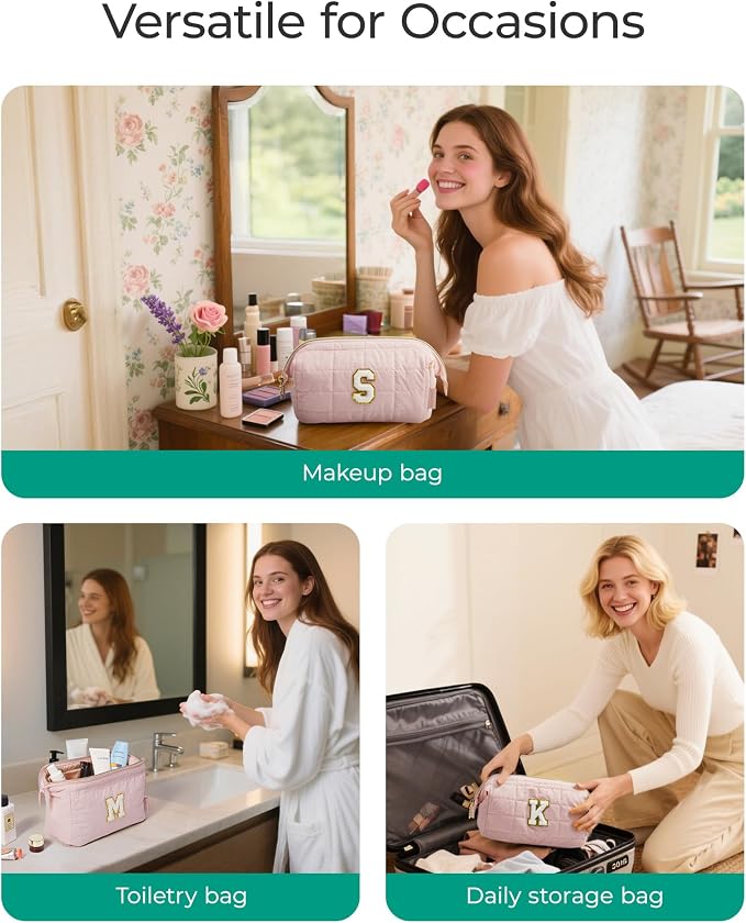 BAGSMART Birthday Gifts Personalized Initial Makeup Bag, Trendy Stuff Gifts for Women Bridesmaid Graduation, Puffy Padded Make Up Bags for Women, Wide-open Toiletry Bag, Pink E - Image 7