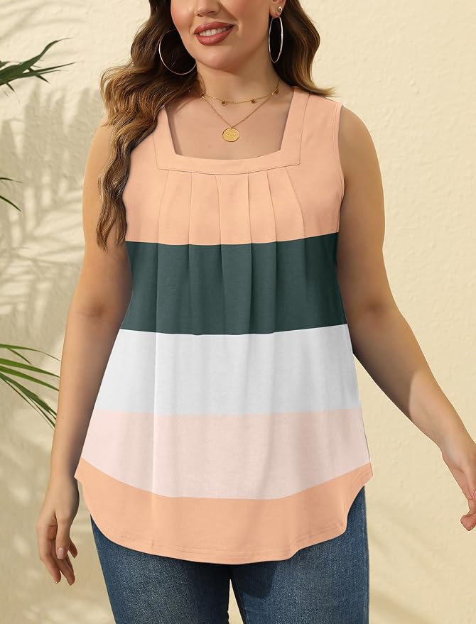 Saloogoe Summer Tank Tops for Women Loose Fit Pleated Square Neck Sleeveless Tops Curved Hem Flowy - Image 5