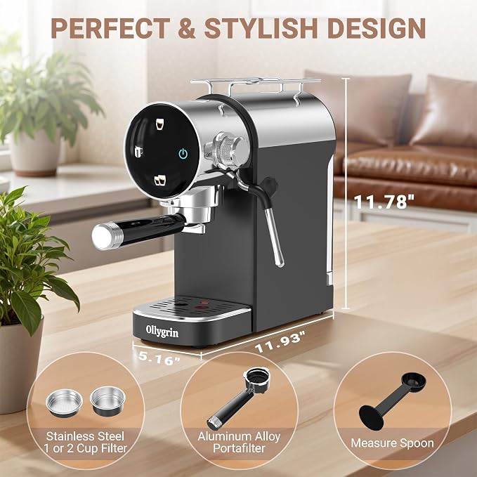 Ollygrin 20 Bar Espresso Coffee Machine, Semi-Automatic Espresso Machine with Touch Panel, 1350W Espresso Maker with Steam Wand, Removable Drip Tray & Water Tank, Modern Design for Latte & Cappuccino - Image 8