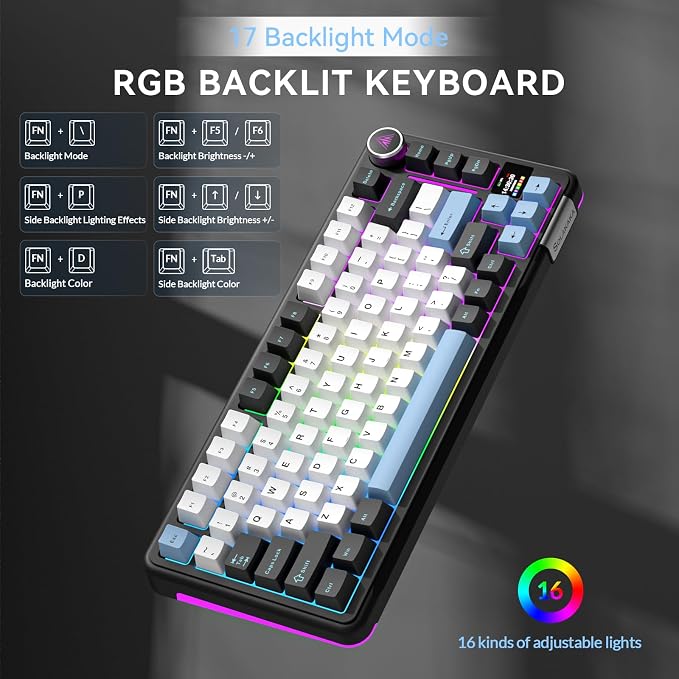 SOLAKAKA A75 PRO Black Gaming Keyboard 75% Wireless Mechanical with Screen and Knob, RGB Backlit Hot Swappable Gasket Pre-lubed PBT Keycaps for PC/Mac/Win - Image 9
