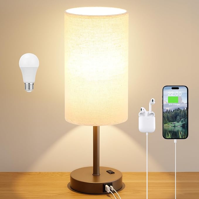 Dicoool 17.4" Bedside Lamp for Bedroom - Dimmable Touch, USB A+C, AC Outlet | LED Bulb Included, 3-Way Dimmable, 17.4" Table Lamp for Living Room, Dorm, Beige Fabric Lampshade, Brown Metal Base - Image 7