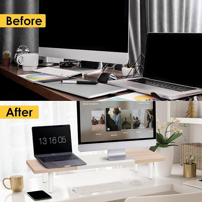 Across-Star Dual-Monitor-Stand-Riser-For-Desk Adjustable Length 32-40 Inch,Large Desktop Computer Monitor Riser For 2 Screens,Desk Shelf Organizer Riser Stand For Computer/Laptop/PC/Printer/TV Black - Image 7