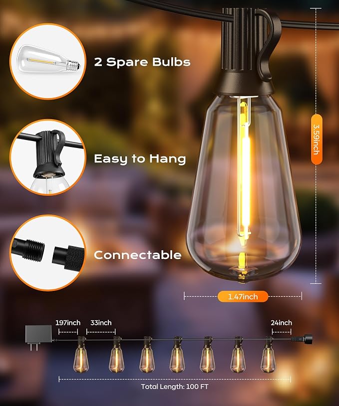 Outdoor String Lights, 100FT Patio Lights for Outside, Smart App & Remote Control with Timer, Dimmable with 4 Scene Modes, Warm White Waterproof LED Bulbs for Garden, Yard and Backyard Decor - Image 7