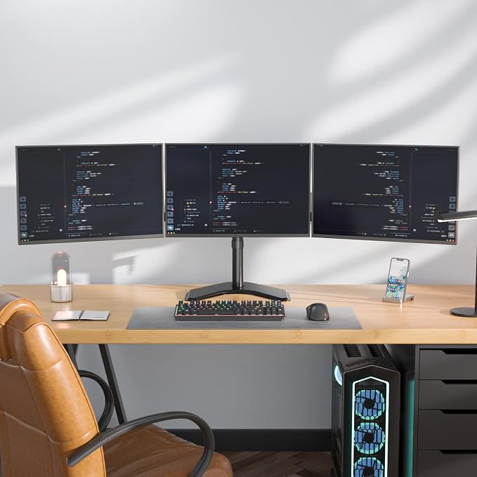 WALI Triple Monitor Stand, Free Standing Three LCD Monitor Fully Adjustable Desk Mount Fits 3 Screens up to 27 inch, 22 lbs Weight Capacity per Arm (MF003), Black - Image 8