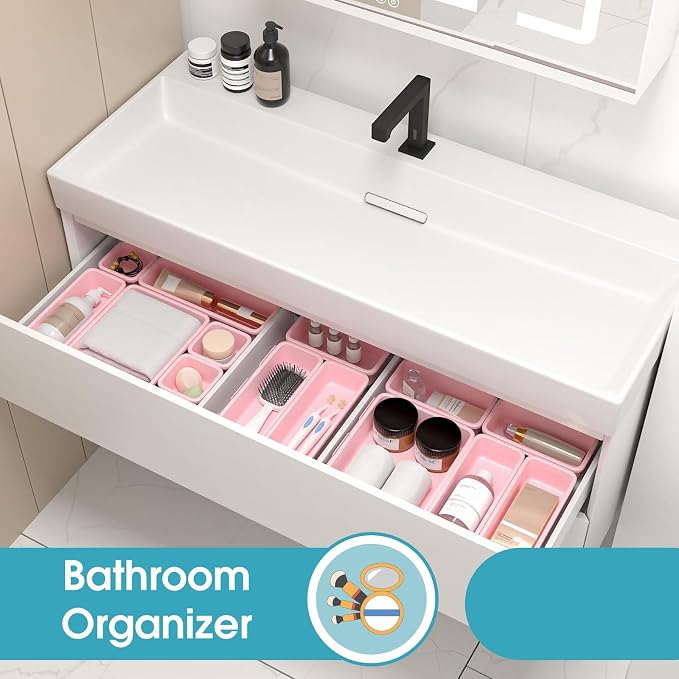 10 PCS Drawer Organizer Set, 4 Size Makeup Drawer Divider Organizer With Non-Slip Pads, Interlocking Plastic Storage Bins for Office,Jewelry Vanity,Gadgets, Bathroom,Kitchen, Pink - Image 7