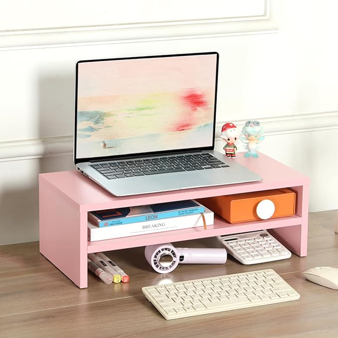 TEAMIX 2 Tiers Pink Monitor Stand Riser, Desktop Stand with Keyboard Storage Small TV Stand Laptop Wooden Desk Organizer Cute Shelf - Image 7