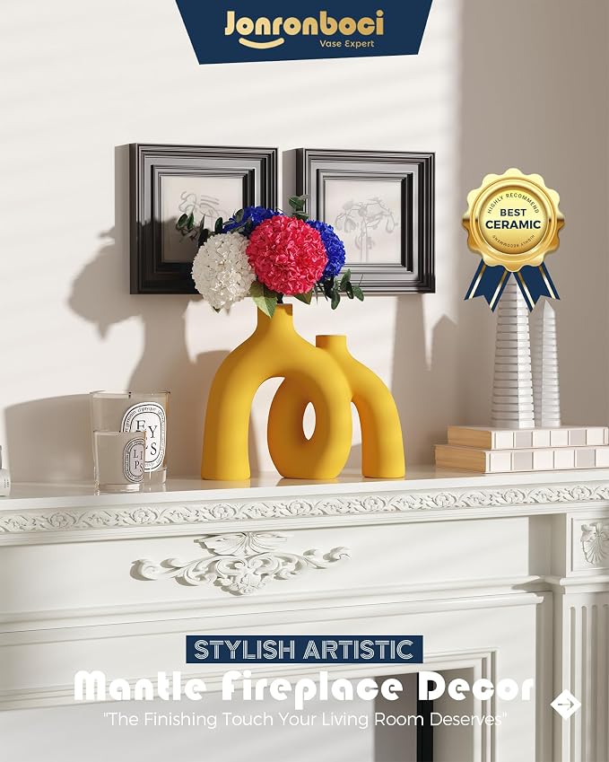 Hug Donut Decorative Vase Set - Yellow Vase, Modern Nordic Boho Style Vases Home Decor, Matte Ceramic Decorations for Living Room Shelf, Bookshelf Mantle Entryway Table or Console Décor (Yellow) - Image 7