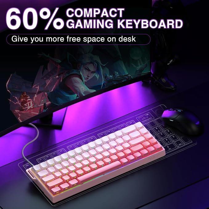 AULA WIN68 HE Mechanical Gaming Keyboard 60%, Hall Effect Magnetic Switch, Fast Trigger Mode Adjustable Actuation, 8000Hz Polling Rate, RGB Backlit, Wired Pink Keyboard for Laptop/PC Gamer - Image 8