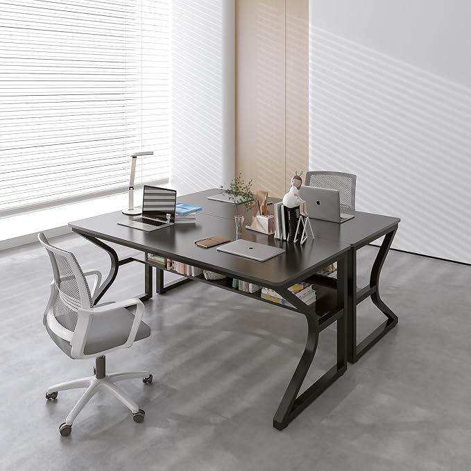 OSCHF 55-Inch Extra Long Desk with Storage Shelf, Black | Double Long Writing Table, Space-saving, 2-Person Workstation, Modern Study Work Computer Desk, For Home Office - Image 8