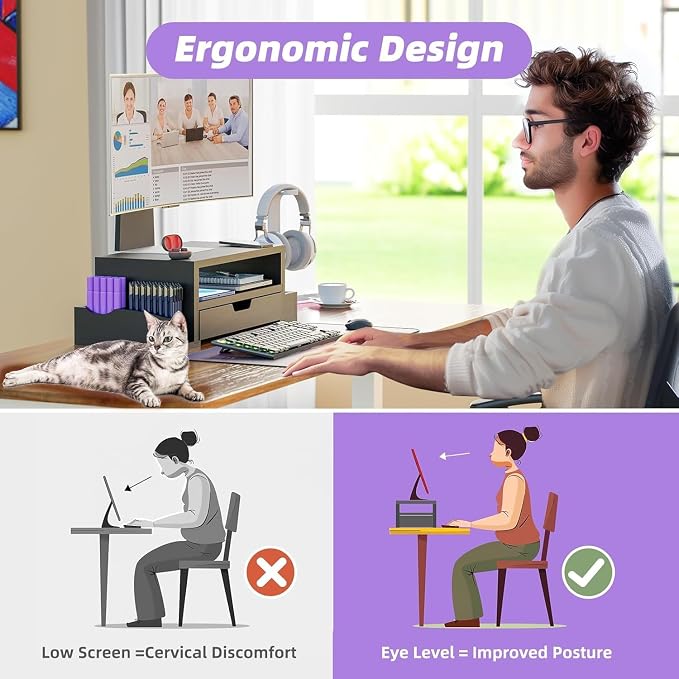 Simple Trending Wood Monitor Stand Riser with Drawer and Pen Holder, Desk Organizer for Home Office, Black - Image 8