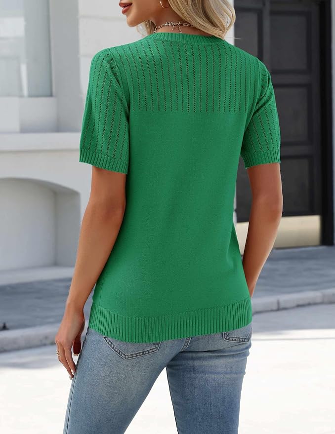 Zeagoo Women's Short Sleeve Sweater Tops 2026 Spring Summer Crew Neck Hollow Out Blouses Dressy Business Casual Outfits - Image 5