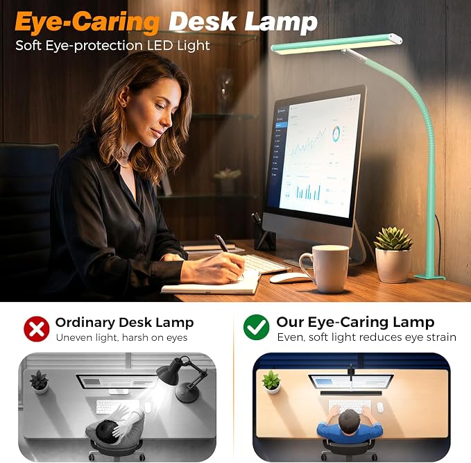 Airlonv LED Desk Lamp for Office Home, Eye-Caring Desk Light with Stepless Dimming Adjustable Flexible Gooseneck, 10W USB Adapter Desk Lamp with Clamp for Reading, Study, Workbench (Mint Green) - Image 6