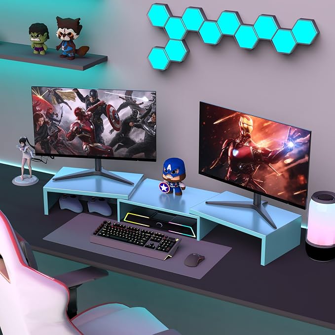 Dual Monitor Stand for Desk, Metal Computer Stand, Desk Shelf Riser,Desktop Organizer for Home and Office Use (Blue) - Image 7