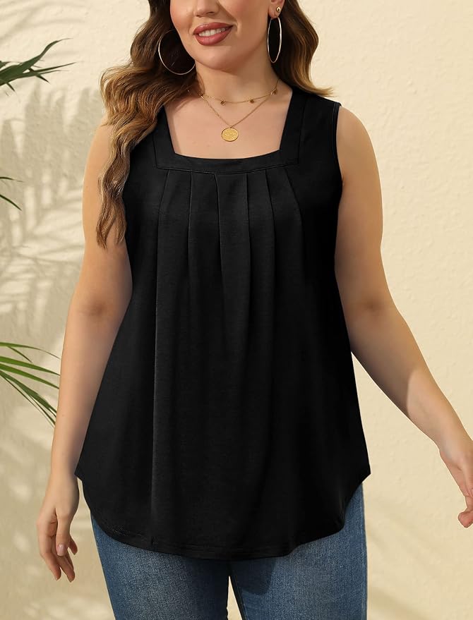 Saloogoe Summer Tank Tops for Women Loose Fit Pleated Square Neck Sleeveless Tops Curved Hem Flowy - Image 6