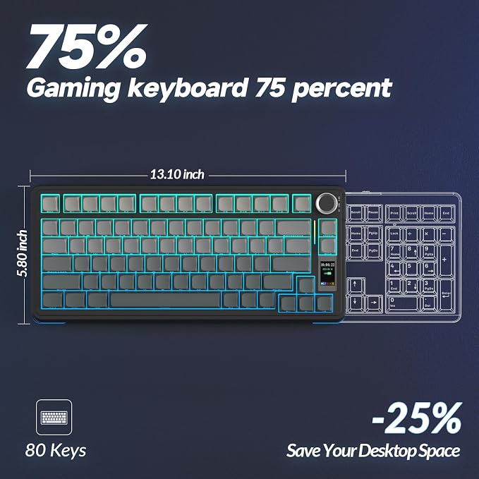 AULA S75 PRO Wireless Mechanical Keyboard with Screen&Knob, Tri-Mode Hot Swappable Gaming Keyboard 75%, Pre-lubed Switches, RGB Backlit, Side Printed PBT Keycaps, Creamy Sounding Computer Keyboards - Image 9