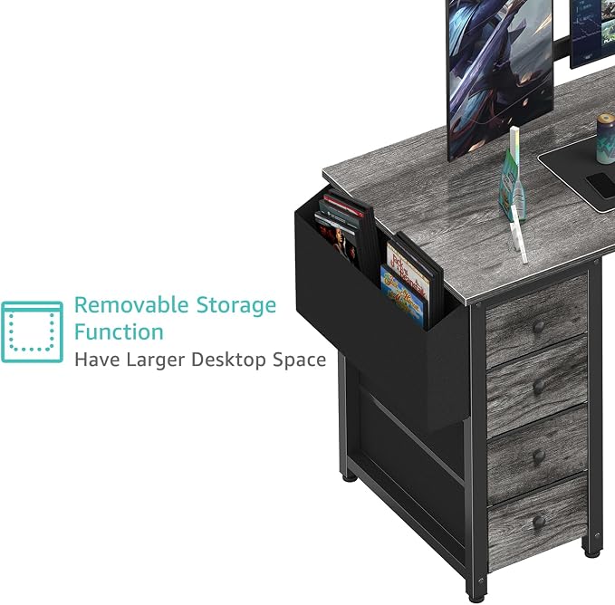 Lufeiya L Shaped Computer Desk with Drawers & Storage Shelves, 47 Inch Small Corner Desk with Power Outlet for Home Office Bedroom, L-Shaped Gaming PC Desks with Fabric Drawer, Gray - Image 8