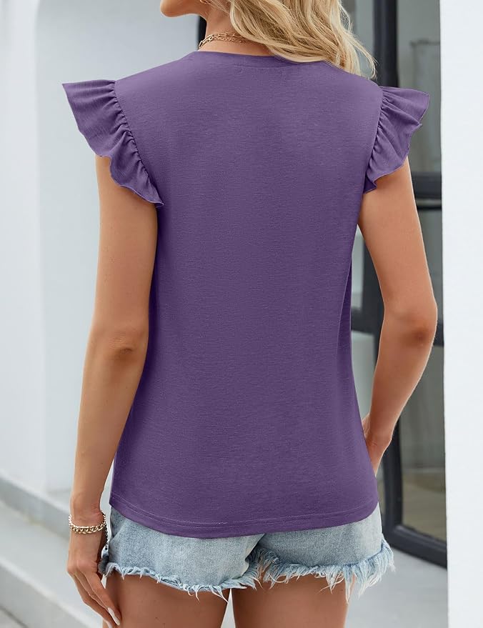 JUSTFASHIONNOW Womens Summer Tops Striped T-Shirts 2026 Ruffle Short Sleeve Crew Neck Casual Blouses with Pocket - Image 5