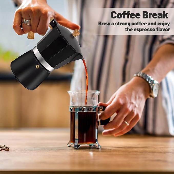 3 Cup Aluminum Moka Pot Classic Stovetop Espresso Coffee Maker 150ml 5oz Coffeemaker Percolator Mocha Pot Greca Coffee Maker Cafe Makers for Italian and Cuban Café Brewing Black - Image 9