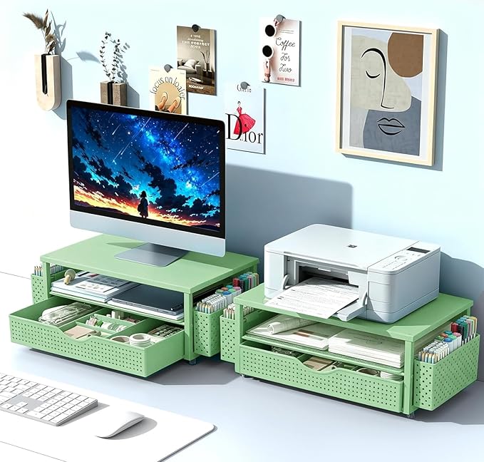 Spacrea Desk Organizer and Accessories, Computer Monitor Stand Riser with Drawer and 2 Pen Holders, Office Desk Accessories & Workspace Organizers for Office Supplies (Sage Green) - Image 7