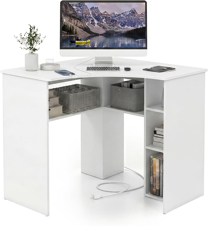 GOFLAME White Corner Desk with Charging Station, Small Corner Desk with Storage Shelves, Triangle Computer Desk, Study Writing Table for Home Office, Small Spaces - Image 9