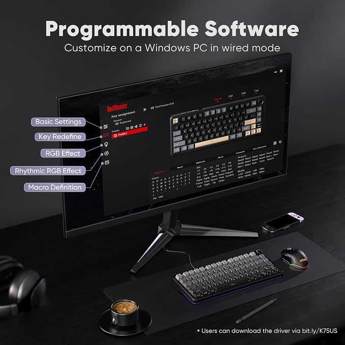RedThunder K75 Wireless Mechanical Gaming Keyboard, 75% Hot Swappable Creamy Keyboard with Knob, RGB Backlit, Pre-lubed Linear Switches, Side Engraved PBT Keycaps, Wireless/Wired/BT5.0, Gradient Gray - Image 9