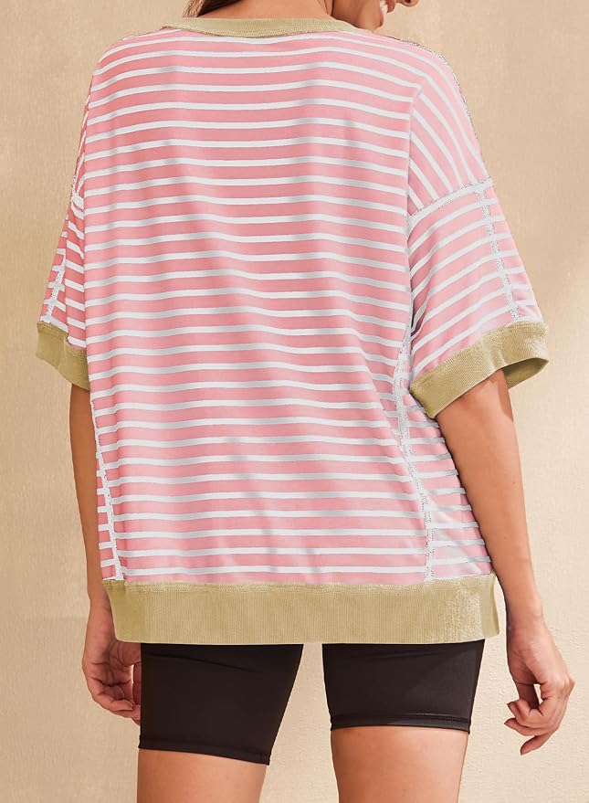 SHEWIN Womens Tops Casual Short Sleeve Sweatshirt Crewneck Striped Shirt Pullover T Shirts Loose Blouses - Image 4