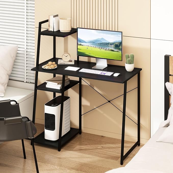 Giantex Computer Desk with Shelves, 47.5” Home Office Desk with Bookshelf, Host Stand, Metal Frame, PC Laptop Workstation, Modern Study Writing Desk for Bedroom, Small Space (Black) - Image 8